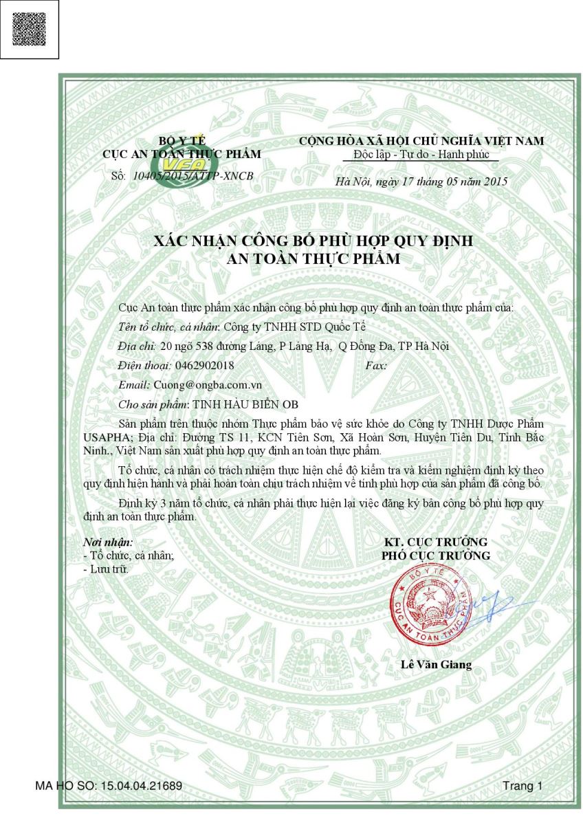 Giấy phép tinh hàu biển OB